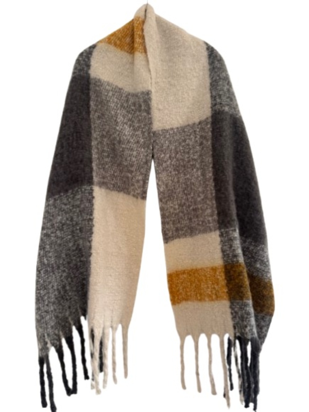 Celtic Ore Authentic Irish Knitwear Fringe Trim Scarf Grey Cream Yellow